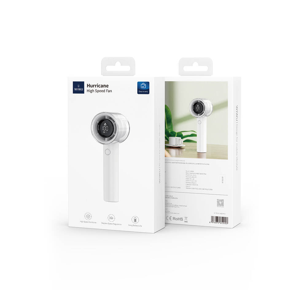 Wiwu Wi-FS010 Hurricane Serisi Bilek Askı İpli Dijital LED Göstergeli Portatif Soğutucu El Fanı Beyaz
