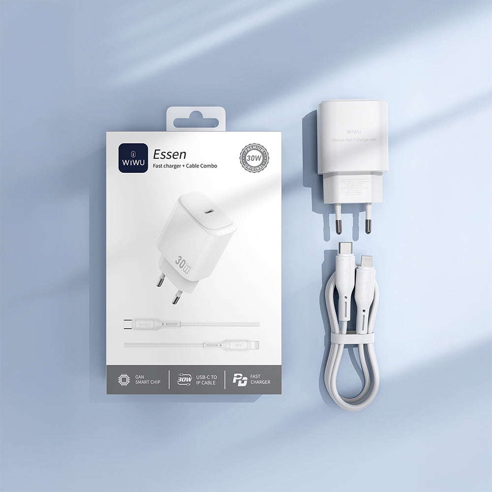 Wiwu Wi-G008 Essen Serisi GaN Tech PD Hızlı Şarj Başlığı Type-C to Type-C PD 30W Kablolu Şarj Seti Beyaz