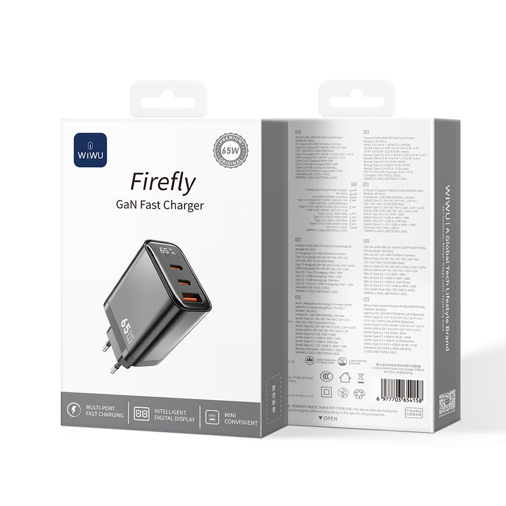 Wiwu Wi-G012 Firefly Serisi Dual Type-C PD & USB-A GaN Teknolojili Hızlı Şarj Başlığı 65W Siyah