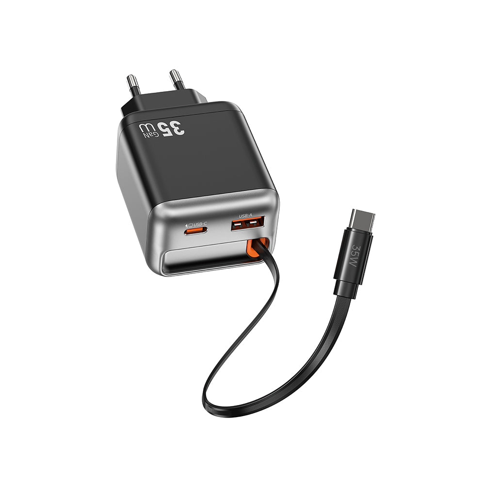 Wiwu Wi-G029 Helix Serisi GaN Teknolojili Hızlı Şarj Başlığı USB-A to Type-C PD 35W Type-C Kablolu Şarj Seti Siyah