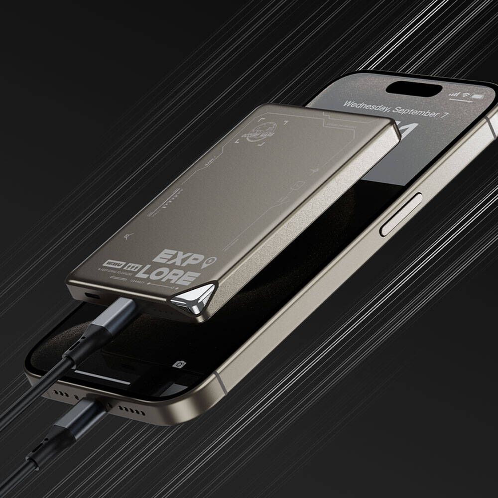 Wiwu Wi-P020 Ultra-Thin Explore Serisi Led Göstergeli Wireless Magsafe Powerbank 15W 10000mAh Titanyum-Gold