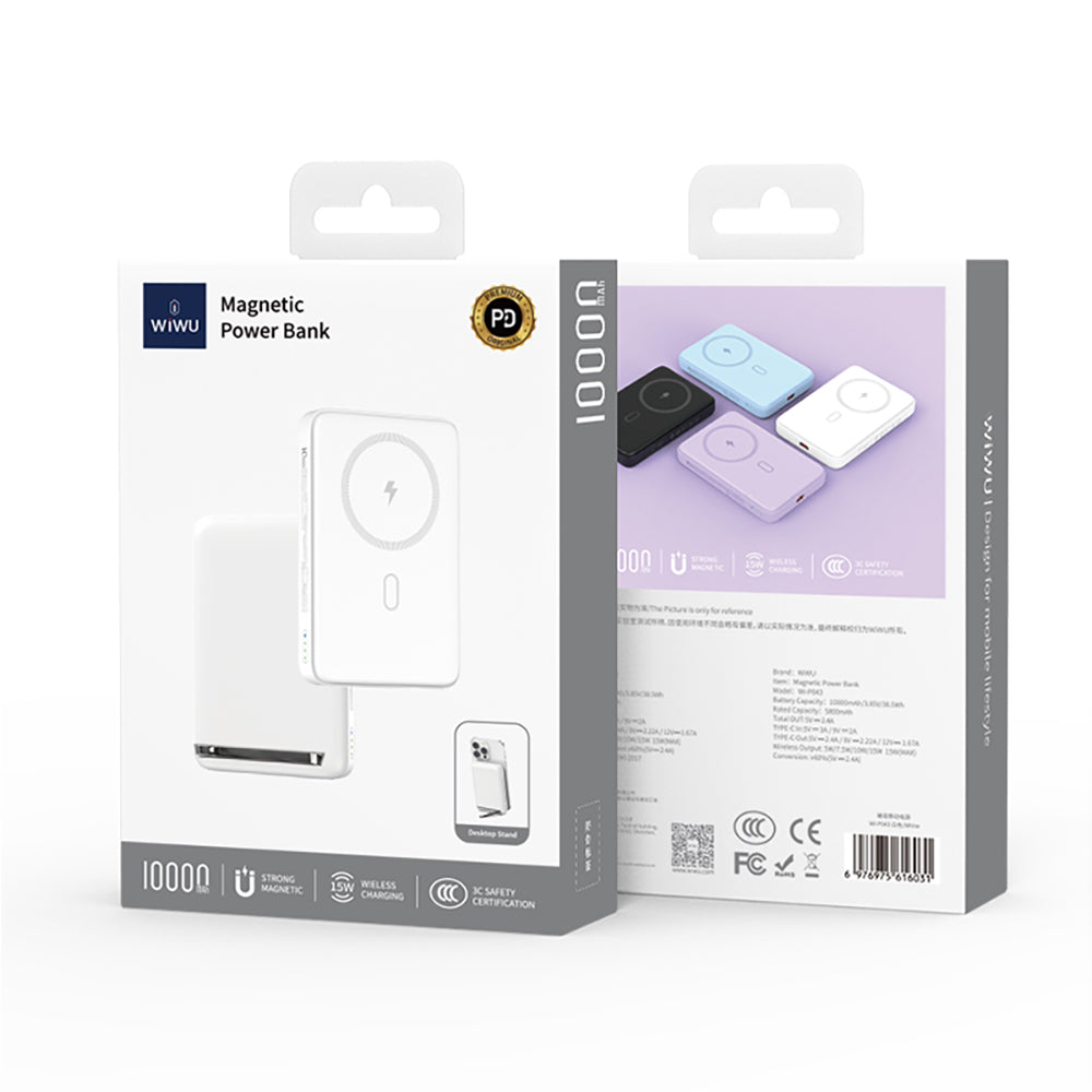 Wiwu Wi-P043 LED Işık Göstergeli Standlı Taşınabilir M-safe Wireless Powerbank 10.000mAh 15W Beyaz