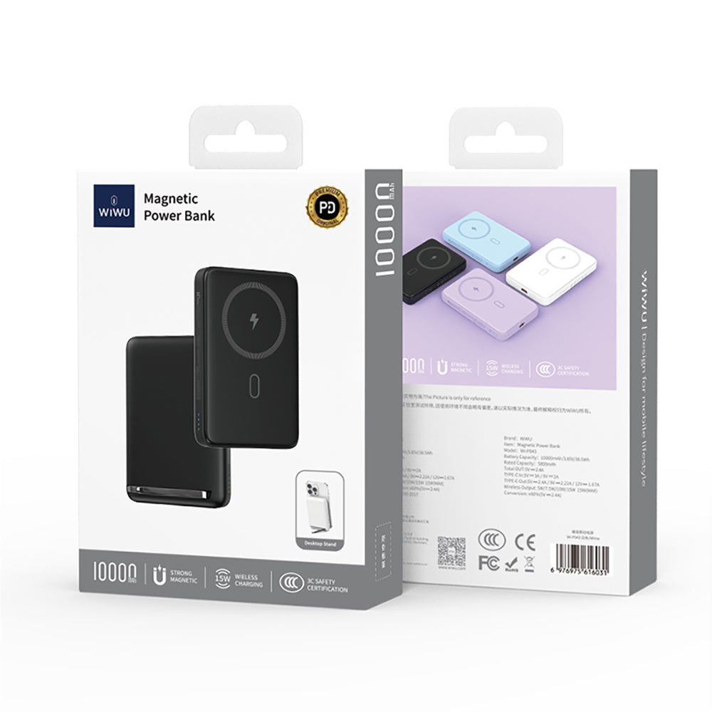 Wiwu Wi-P043 LED Işık Göstergeli Standlı Taşınabilir M-safe Wireless Powerbank 10.000mAh 15W Siyah