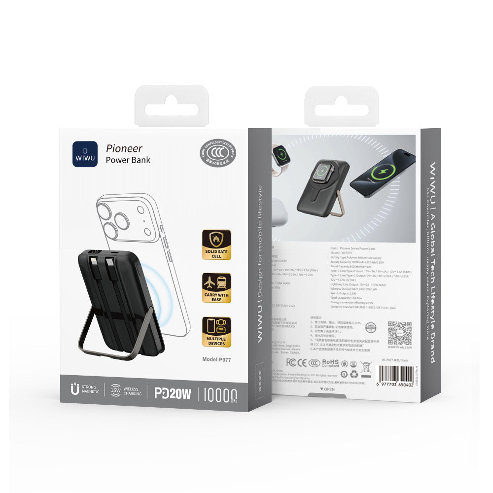 Wiwu Wi-P077 Pionner Serisi Taşınabilir Wireless Şarj ve PD 20W Hızlı Şarj Özellikli Standlı Powerbank 15W 10000mAh
