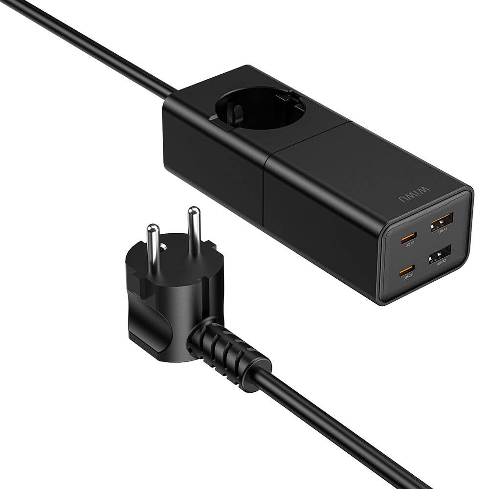 Wiwu Wi-S004 GaN Tech Çift Type-C ve Çift USB-A Girişli Priz 100W 150cm Siyah