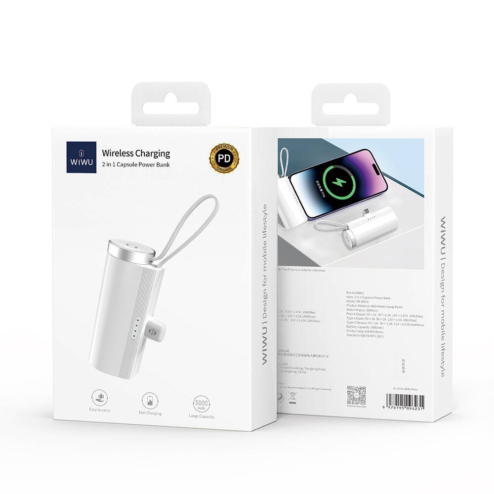 Wiwu Wi-W026 Capsule Serisi 2in1 Mini Taşınabilir Standlı Askılı Type-C PD Powerbank 5000mAh Beyaz