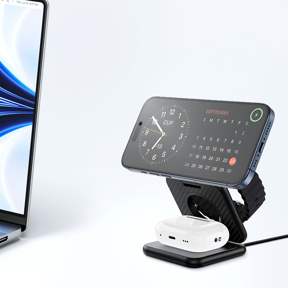 Wiwu Wi-W035 3 in 1 Magnetik Hızlı Şarj Özellikli Aramid Fiber Kablosuz Şarj Standı 15W Siyah